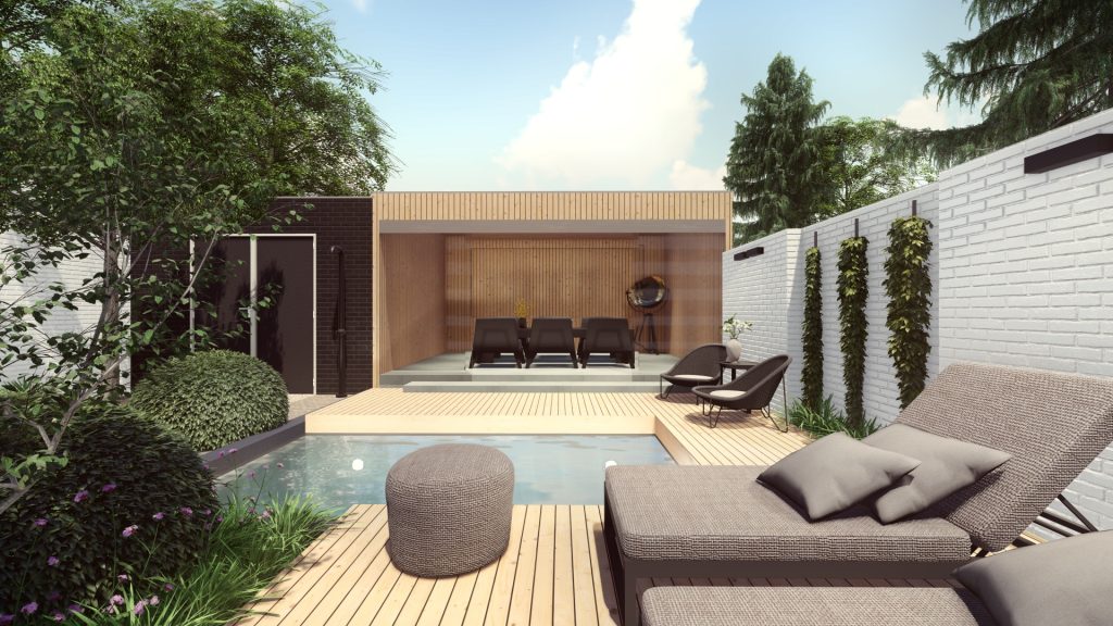 Een knusse tuin met een zwembad en op diverse plekken ligbedden. Door de tuin heen zijn er op verschillende plekken plantenbakken met groen.
