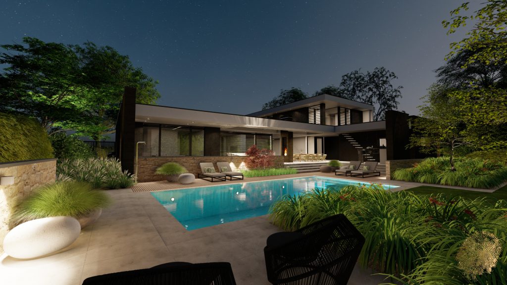 Een moderne villa met een sfeervol verlicht zwembad in een nachtelijke omgeving.